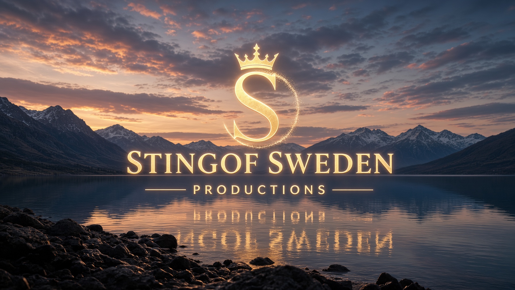 StingofSweden Productions. Ett krönt S över en sjö och berg i skymning.